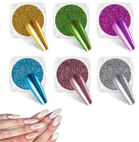 HABNI 6 Stück Chrome Nail Powder,Chrome Pulver Nägel Mit Spiegeleffekt,Laser Chrome Puder,Pearl Effect Powder Für Glazed Donut Nails,Charms Nägel(Gold,Silber,Roségold,Grasgrün,Marineblau,Orchideenviol