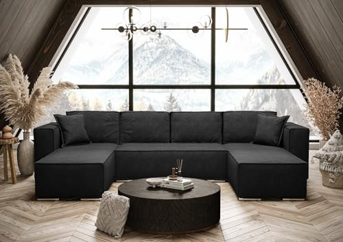 AXLIVING Ecksofa Schwarz mit Schlaffunktion U-Form Vinoria 327 cm