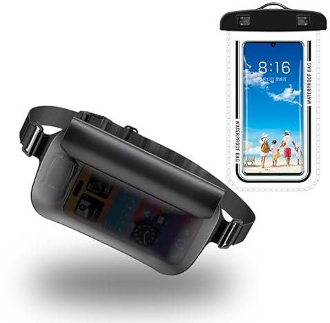 Lot de 2 pochettes étanches pour téléphone – Brassard réglable et ceinture de taille pour la natation, la plongée avec tuba, la plage et les sports nautiques – Certifié IPX8 pour iPhone, Samsung, tous