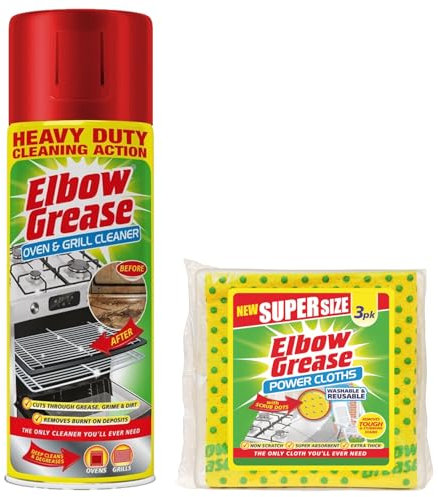 Elbow Grease Oven & Grill Heavy Duty Cleaner 400ml + Power Cloths Stubborn And Stains Remover 3 Pack | Tough Degreaser for Ovens, BBQs & Grills | All-Purpose Cleaning Bundle for Kitchen Surfaces