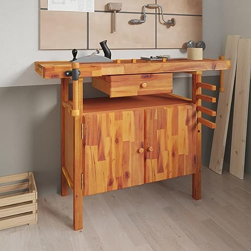 Iiaky Werkbank Holz Werkbank mit Schubladen Hobelbank Arbeitstisch mit Ablagen Werkstatt Werkstatttisch-124x52x83 cm Typ 2