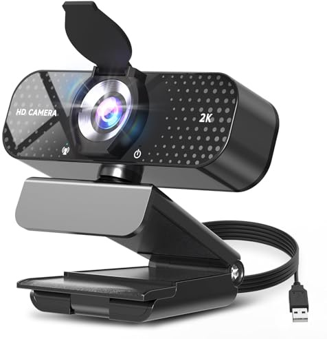 TRAUSI 2K HD Webcam mit Weitwinkelobjektiv, Sichtschutz, automatische Lichtkorrektur und Mikrofon mit Geräuschunterdrückung, Plug & Play USB-Kamera für Mac/Laptop/PC, kompatibel mit Zoom, Skype, Teams