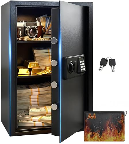 MoraRise 90L Large Fireproof Safe Box with Fireproof Document Bag, 3-Removable Shelf Home Security Safe with Digital Keypad, LED Light, Anti-Theft Lock Box for Documents Money Jewelry Valuables