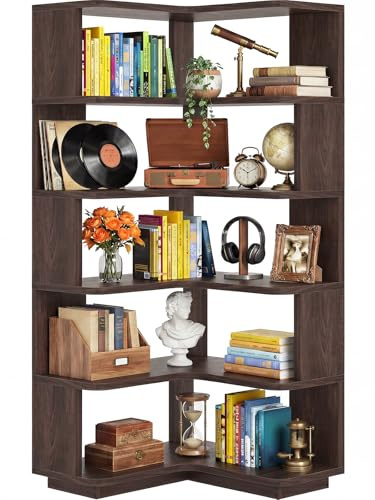 iSunirm Eckregal mit 5 Ebenen, L-Form Bücherregal für Ecken, Modernes Standregal Aktenregal für Wohnzimmer, Schlafzimmer & Büro, Holzregal Platzsparend, 60x60x162 cm, Schwarz-Walnuss
