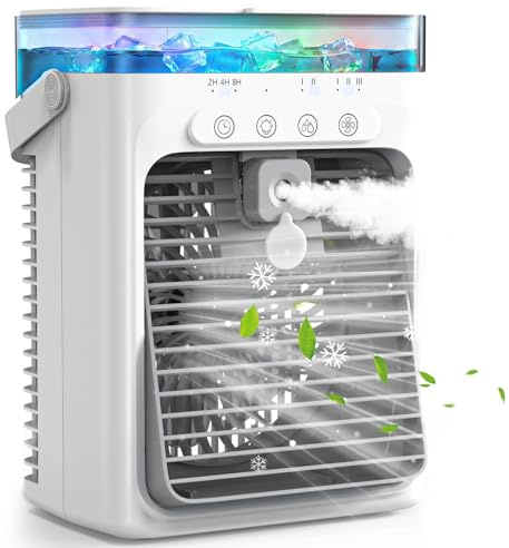 Aire Acondicionado Portátil Sin Tubo 4 en 1, Mini Aire Acondicionado Portátil, Climatizador Evaporativo USB, 3 Velocidades, 2 Modos Niebla, Depósito 1000ML, Temporizador 2/4/8H, Silencioso Ventilador