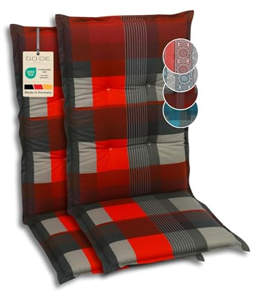 GO-DE Textil Bequeme und attraktive Polsterauflagen für Mittellehner-Gartenstühle (2er-Set, Karo rot, Mittellehner)