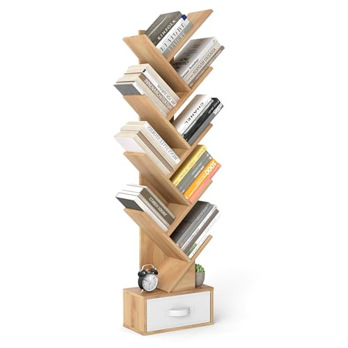 SFAREST 8/10-Tier Tree Bookshelf, Floor Standing Wooden Bookcase with Anti-slip Foot Pads, Display Storage Book Rack for Living Room, Home & Office (10 Tiers, Natural)