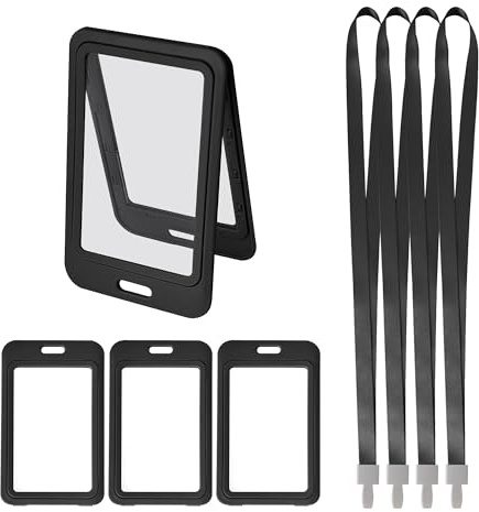 GHLIANGZHOU 4 Pièces noirs porte-cartes avec cordons | Porte-Badges avec protecteur de carte plastique à fenêtres double-face, Porte Carte idéal pour le travail, l'école
