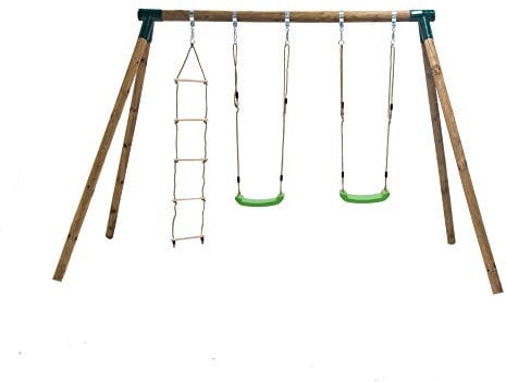 | MASGAMES | Columpio de Madera KIBO Deluxe | Dos Asientos Planos de plástico de Cuerdas Regulables + una Escalera de Cuerdas | Madera tratada | Anclajes incluidos | Uso doméstico |