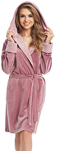 LEVERIE Peignoir de Bain Femme en Velours, rose ancien capuche + ceinture, M