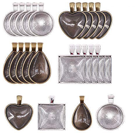 Ensemble Cabochons,24 Pack Plateaux Supports Pendentif Rond avec Cabochons en Verre 24 Pack Transparent Dome pour Fabrication de Bijoux de Bricolage Colliers Photos Rondes Carrés Cœur Larme