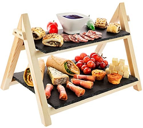 Nyxi Set of 3, Slate Cake Stand Serving Board Premium. Pine Wood Rustic Slate Boards 2 Tier Foldable Rack Food Serving Tapas Sushi Appetiser Dishes Serving Tray Plates Platters (3 X Cake Stand)