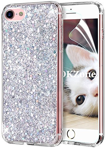 iPhone SE(2020) Phone Case [with HD Screen Protector],OKZone Bling Glitter Design Soft Gel TPU Silicone Skin Cover Anti-scratch Protective Case for iPhone SE(2020) (4.7 Inches) (Silver)