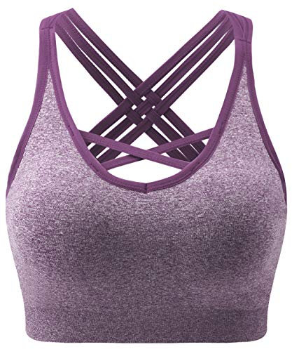 ANGOOL Damen Sport BH ohne Bügel Gepolstert Yoga Bra Kreuz Rücken Sport Bustier für Jogging Fitness , Violett , L