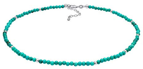 Damen Halskette Choker aus Türkis Perlen (3 mm) und Silber Kugeln, Edelsteinkette Boho Fashion aus 925 Sterling Silber, Kurze Mala Buddha Kette aus Achat Kugeln Frauen und Mädchen, Länge 36cm