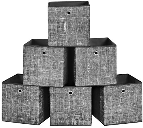 SONGMICS Storage Boxes, Set of 6 Non-Woven Fabric Boxes with Handles, 30 x 30 x 30 cm, Fit Cube Storage Unit, for Shelves, Foldable, Clothes Organisers, Heathered Black RFB006B01
