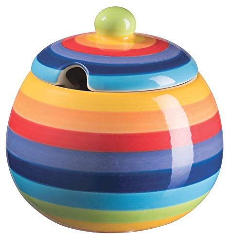 Purity Style Handbemalte Keramik-Zuckerdose mit Deckel, Regenbogen-Streifen, 250 ml, Mikrowellenfest