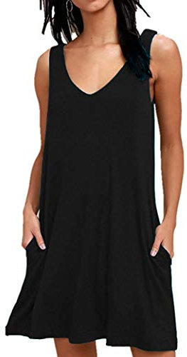 AUSELILY Sommerkleid Damen Ärmellose Strandkleid Leicht Swing Kleid V Ausschnitt Mini Kleid mit Taschen 02 Schwarz XL