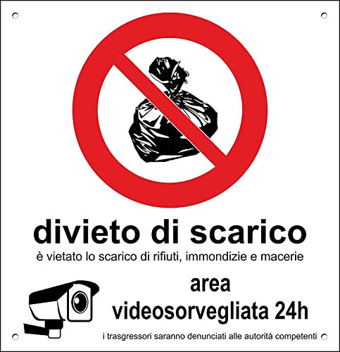 Social Crazy - CARTELLO SEGNALETICO 20X31 CM, Alluminio, Industriale, DIVIETO DI SCARICO AREA VIDEOSORVEGLIATA
