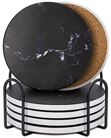 Untersetzer Gläser, Qveetry 6er Set Untersetzer mit Basis, Getränk Untersetzer Marmor mit Kork-Rückseite für Wohnkultur, für Bars, Cafés, Haus, Party, Büro (Schwarz)