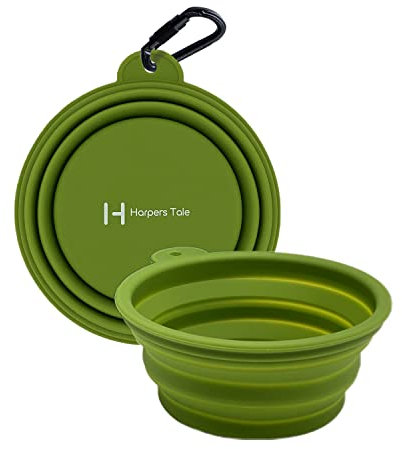 Harpers Tale Medium 400ml Green, Tazón de Viaje Plegable para Comida y Agua para Perros, Silicona Apta para Alimentos, Molde Integrado, sin Borde de plástico, Clip de mosquetón, sin BPA.