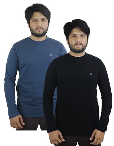 Bahob® 2 Pack Men's Long Sleeve T-Shirt Top Round Neck Full Sleeve T-Shirt Soft Cotton S-XXL (Black X Navy, Small)