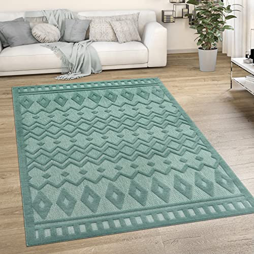 Paco Home Outdoor Teppich Wetterfest Balkon Boho Wohnzimmer Küche Skandinavisch Muster Einfarbig 3D Effekt Modern, Grösse:120x160 cm, Farbe:Türkis 3