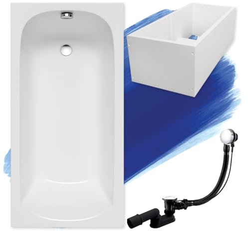 BADLAND Badewanne Original Weiß Acryl Wanne Rechteck CLASSIC SLIM 170x75 KOMPLETTSET SET mit Premium Wannenträger + Füßen und Exklusive Chrom Automatik Ablaufgarnitur Made in EU 4in1