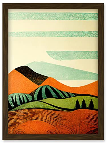Doppelganger33 LTD Abstract Eclectic Tangerine And Olive Countryside Linocut Illustration Artwork Framed Wall Art Print A4