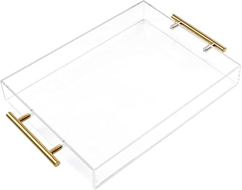 Bandeja de acrílico con Mango de Oro, Bandeja de Cocina, Bandeja de Servicio, Bandeja de Desayuno, Mesa de café, Mesa de café, Bandeja Decorativa (30cm x 30cm x 5cm)