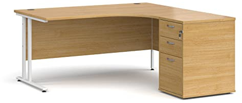 Mr Office Maestro 25 right hand ergonomic desk with white cantilever frame and desk high pedestal bundle, Oak, 1600