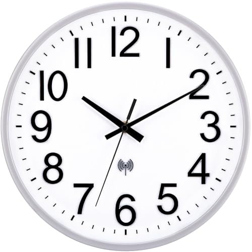 VIVILINEN Horloge Murale Radio Pilotée Silencieuse 30cm sans tic-tac Pendule Murale Digitale Stéréo pour Chambre Cuisine Salon Changement d'heure Automatique avec Mecanisme Radio (Argenté)