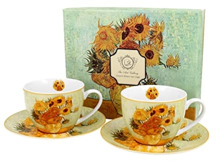 DUO ART GALLERY 2er-Set Tassen 280 ml SUNFLOWERS mit Untertassen, New Bone China Porzellan