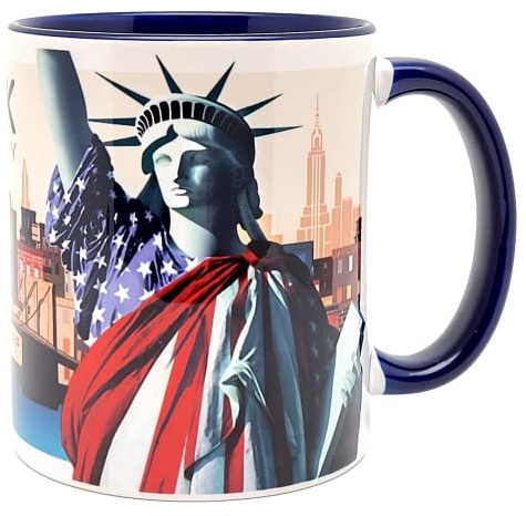 DESSAPT Arts - Mug New York - Design Original Liberté et Brooklyn Bridge, Tasse en Céramique 325ml - Plusieurs Couleurs Disponibles (Bleu Cobalt)