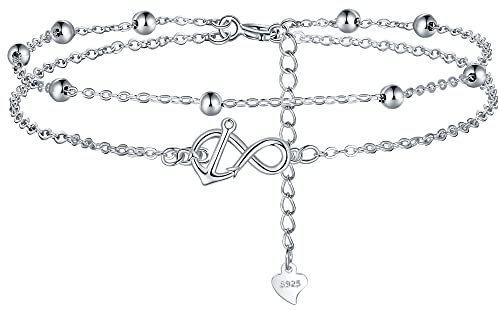 Lydreewam Unendlichkeit Anker Fußkettchen Silber 925 für Damen Doppel Fußkette mit Kugeln Sommer Barfuß Strand Fusskette, verstellbare 22+4cm