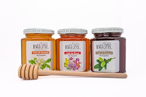 El Brezal - Miel de Fleurs, d´oranger et Forêt - Natural Honew 100% Récolté en Espagne, Pack Cadeau Saveurs d'Espagne avec Cuillère en Bois Inclus (3 Pots de 250gr)
