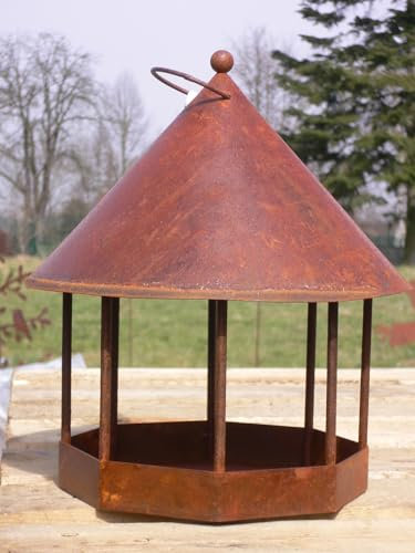 Vogelhaus rund 30x25cm zum Aufhängen mit Haken für Meisenknödel zum Beleuchten Windlicht Teelicht Futterhaus Edelrost Gartendeko Metall Rost