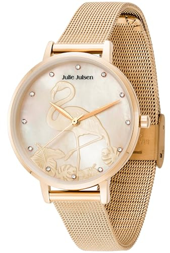 Julie Julsen Damen Analog Quarz Uhr mit Minral Glas - 23 Zirkonia mit 36mm Gehäuse - Ziffernblatt in Perlmutt mit Flamingo - Wasserdicht bis 3 ATM