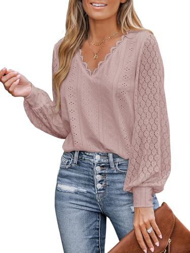 CUPSHE Camicetta da Donna con Pizzo Intagliato e Orlo Smerlato, Maniche Lunghe in Pizzo, Scollo a V, Polsini a Fascia, Elegante e Chic, Rosa, M