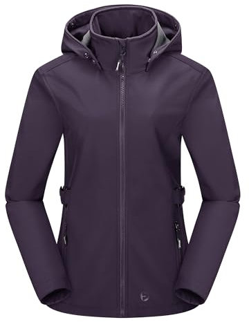 Outdoor Ventures Damen Softshelljacke Kurze Gefütterte Funktionsjacke Wasserdichte Übergangsjacke mit Abnehmbarer Kapuze Regenjacke Outdoor Regenmantel Softshellmantel für Wandern Laufen Lila 2XL