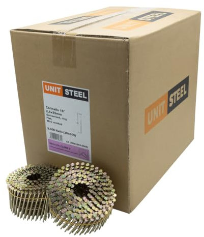 UnitSteel Coilnägel - 2,5x55mm, 9.000 Stück, Ringnägel für Druckluft-Nagler, Ring/verzinkt, für fast alle Marken von Tackern