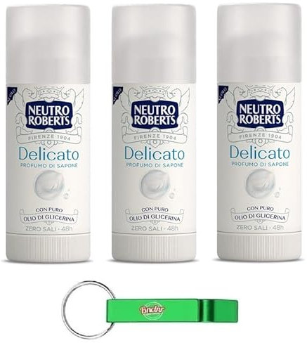 3x Neutro Roberts Deodorante Stick Delicato Extra Protezione - Deo Stick mit Seifenduft,0% Aluminiumsalze,0% Flecken,40ml + Beni Culinari Kostenloser Schlüsselanhänger