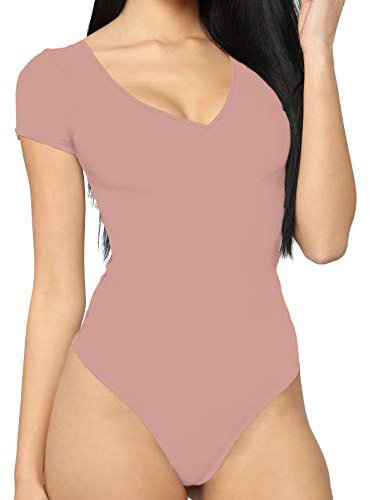 MANGDIUP Body pour femme à manches courtes et col en V décontracté extensible basique, rose poudré, Large