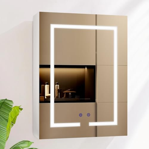 AxisFurn Badezimmer-Spiegelschrank mit LED-Beleuchtung, 3 verstellbares Licht, Spiegelschrank groß mit Ablage und Steckdose, Anti-Beschlag Wandschrank platzsparend, 50 * 70cm, Weiß