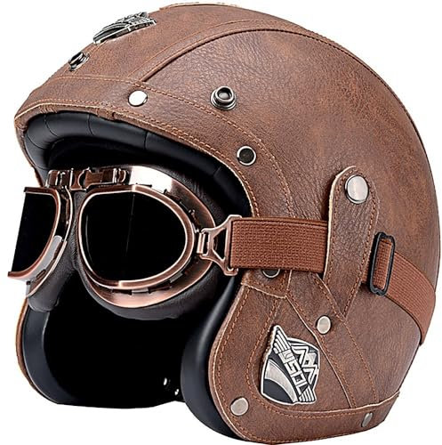 Halbschalenhelm Leder Jethelm, 3/4-Vintage-Pilot-Halbhelm mit Brille, ECE-zugelassen für Damen Und Herren, Open Face Leder-Helm Winddichter Motorrad Roller Helm