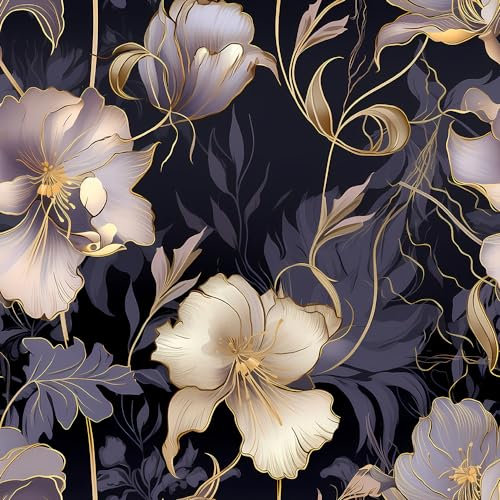 Selbstklebende Tapete gemusterte Tapete, Boho-Luxus-Tapete, lila und goldenes Blumenmuster, Vintage-Retro, for Abziehen und Aufkleben, Vintage-Tapete, for Aufkleben auf Kontaktpapier, leicht abzuziehe
