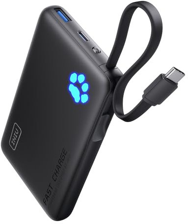 INIU 10000mAh Power Bank with Built-in USB-C Cable, 20W PD Fast Charging Portable Charger Type C, Smallest & Lightweight External Battery Pack for iPhone 16/15/14 Pro Samsung S25/S24 Google iPad etc