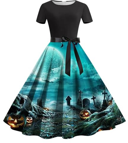 Damen Kleid Weihnachten Halloween Kleid mit Fledermaus und Kürbis-Print, Rundhalsausschnitt, kurzärmelig, großes Swing-Kleid Kleid Langarm Sommer Damen (Mint Green-2, XL)