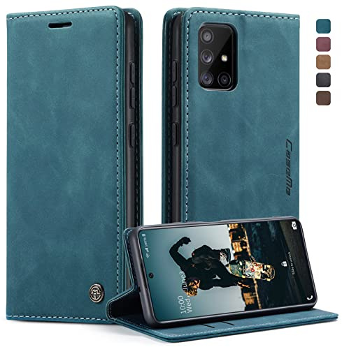 owlhold Hülle Samsung A71 klapphülle Premium Lederhülle Weiches Vintage-Nubukleder Faltbare Ständer Schutzhülle Kartenfach Standfunktion stoßfest Handyhülle Samsung Galaxy A71 4G -Blaugrün
