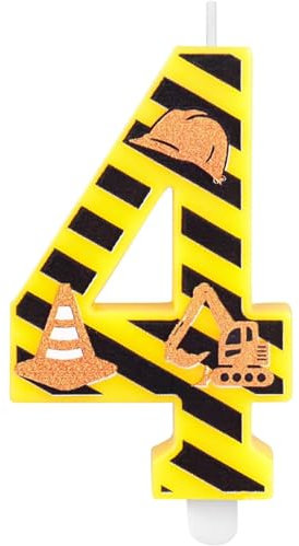 Zolunu Construction Theme Birthday Candle, Construction Birthday Cake Toppers for Boys, Number 4 Candle, Yellow Black Stripes Birthday Candle for Themed Birthday Party Decoration Supplies Favors Gifts